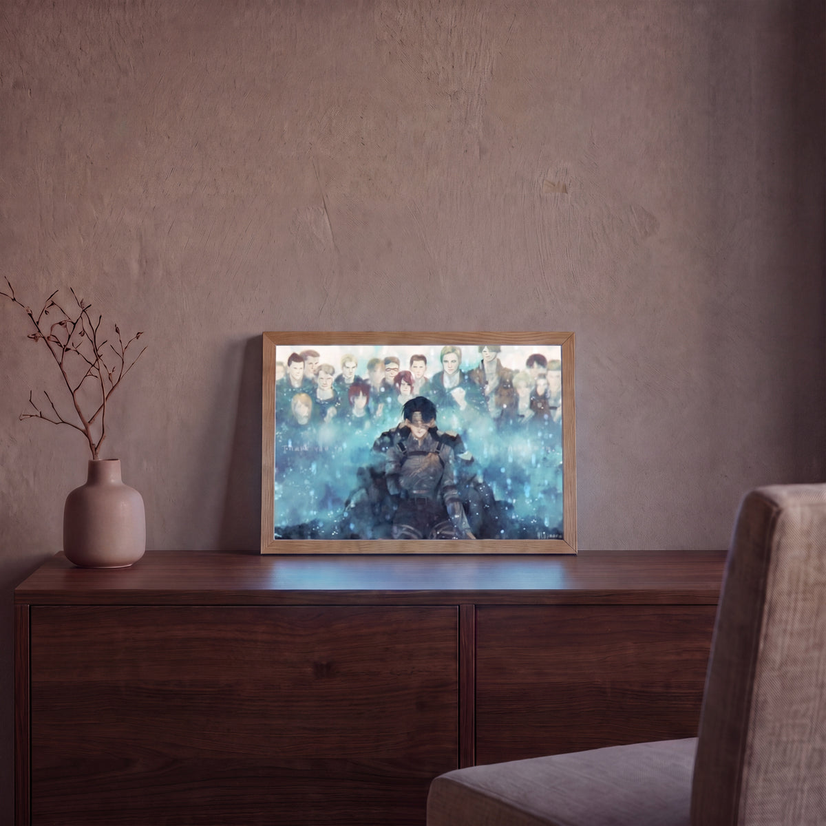 Always With You LED light painting glowing blue in a wooden landscape frame on a cabinet in a dim room