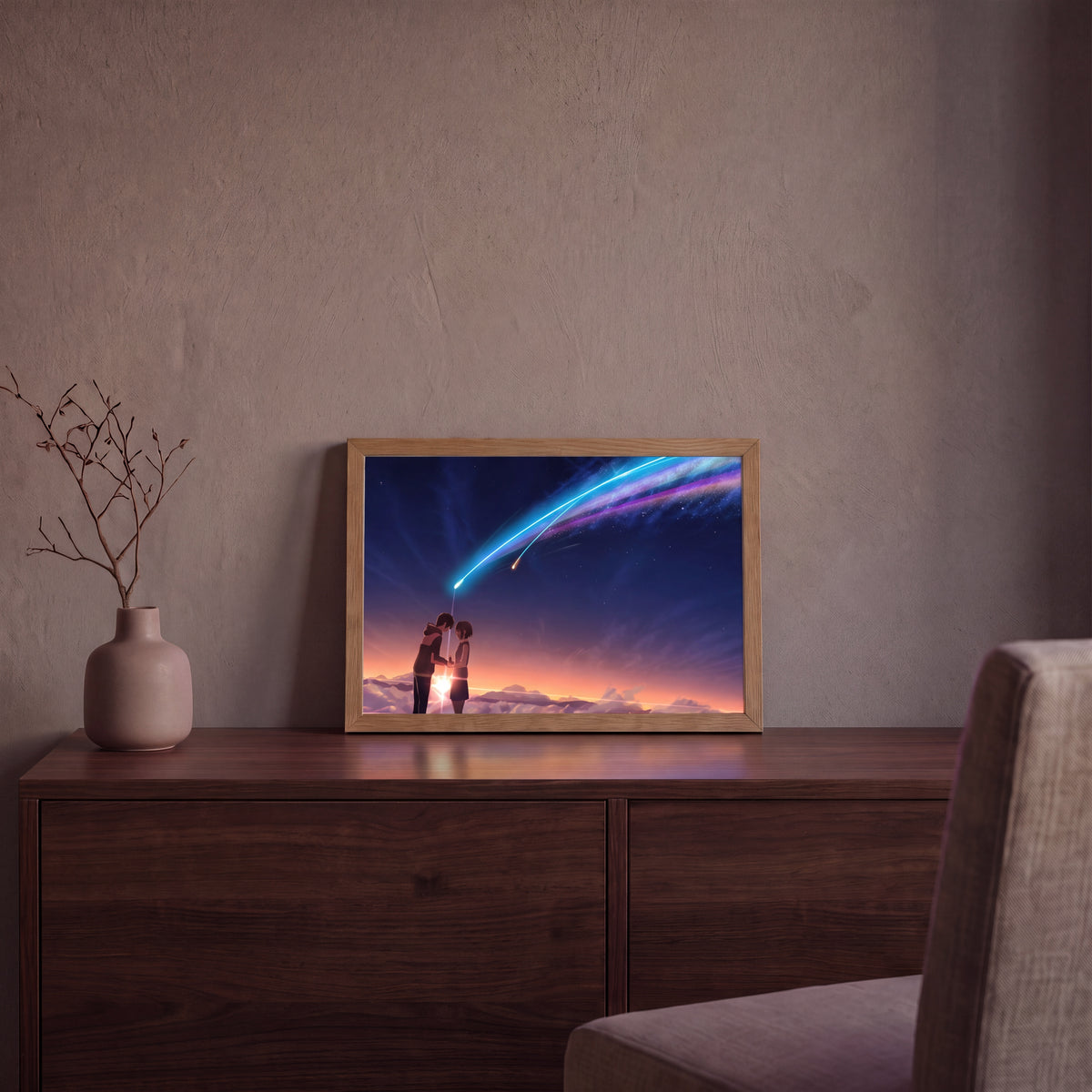 Golden Hour LED light painting with a glowing comet sky in a wooden frame on a cabinet in a dim room