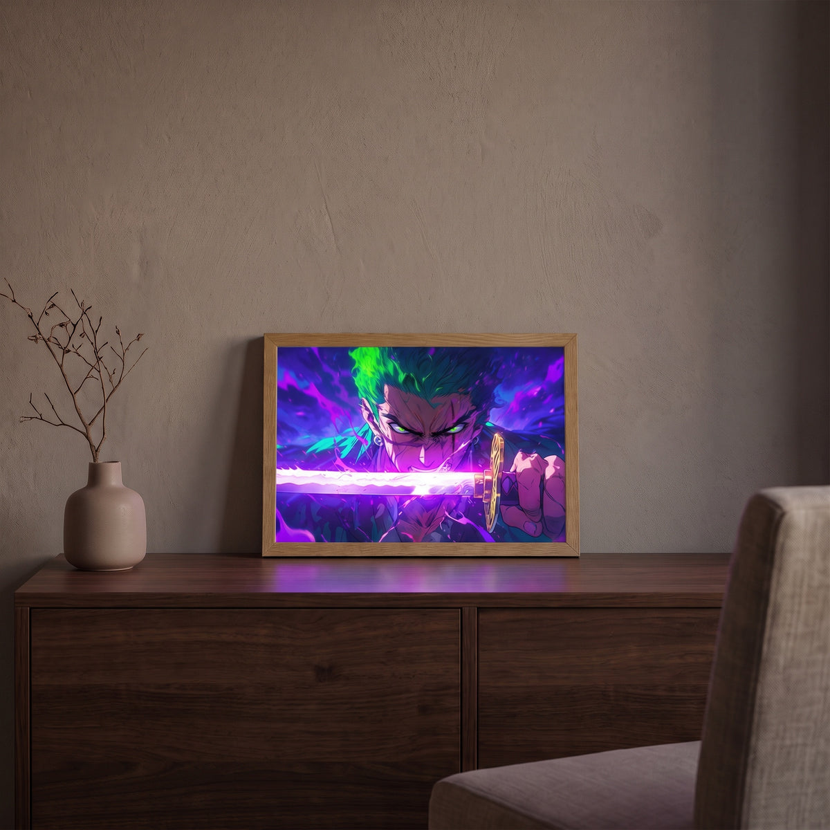 No Retreat LED light painting in a wooden landscape frame glowing purple and green on a shelf in a dim room